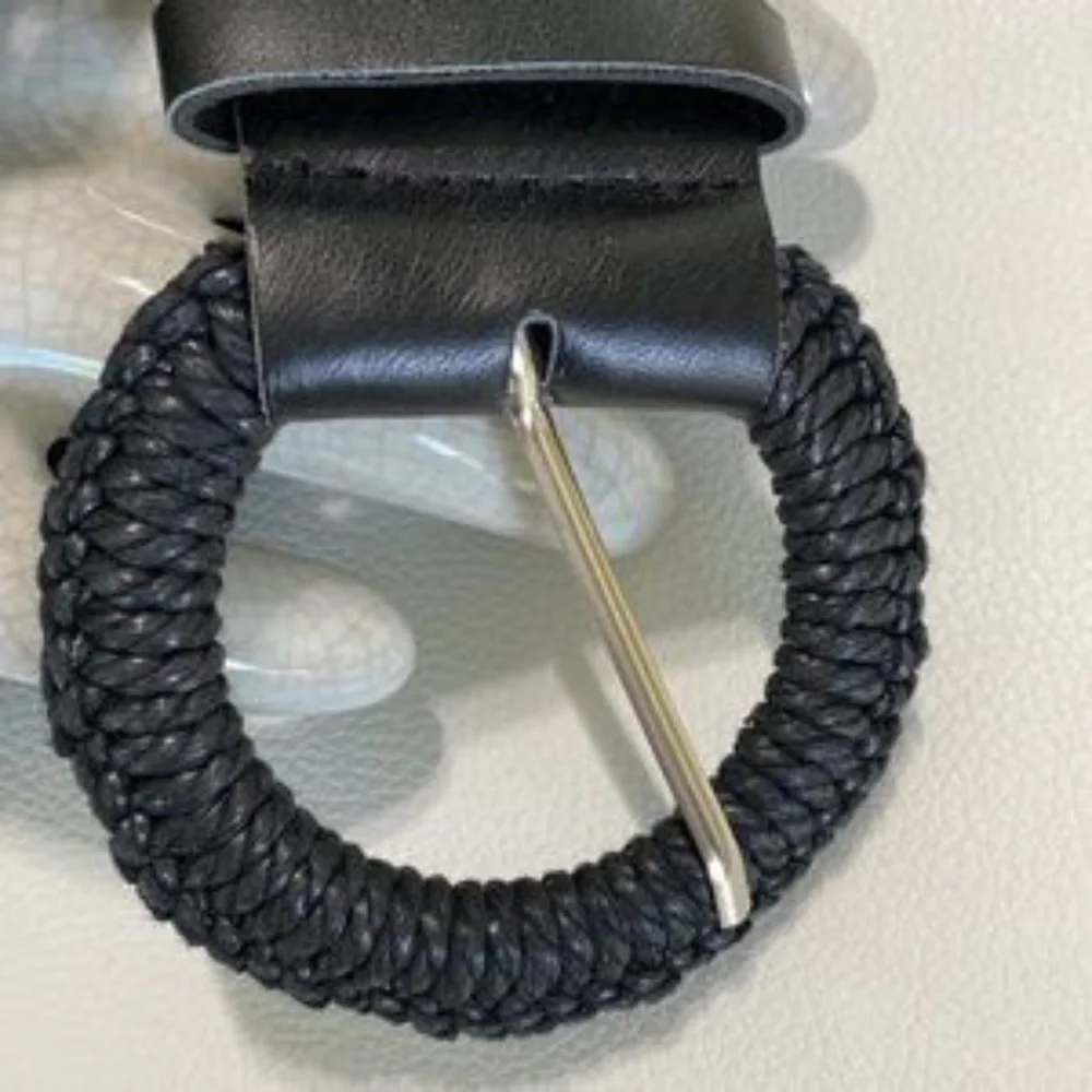 BLACK CROCHET WOVEN LEATHER JUTE BELT WIDE M/L
